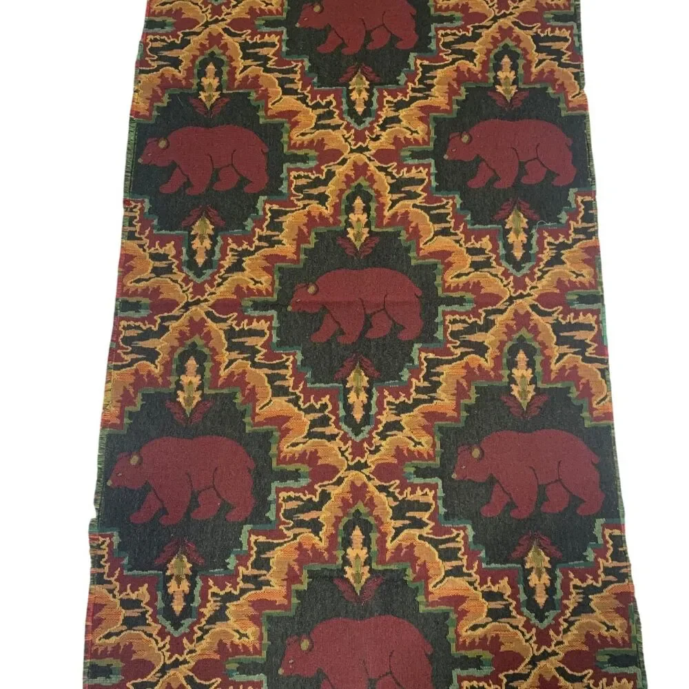 Vintage Rustic Lodge Geometric Pattern Bear Style Tapestry Fabric Panel 40.75x20